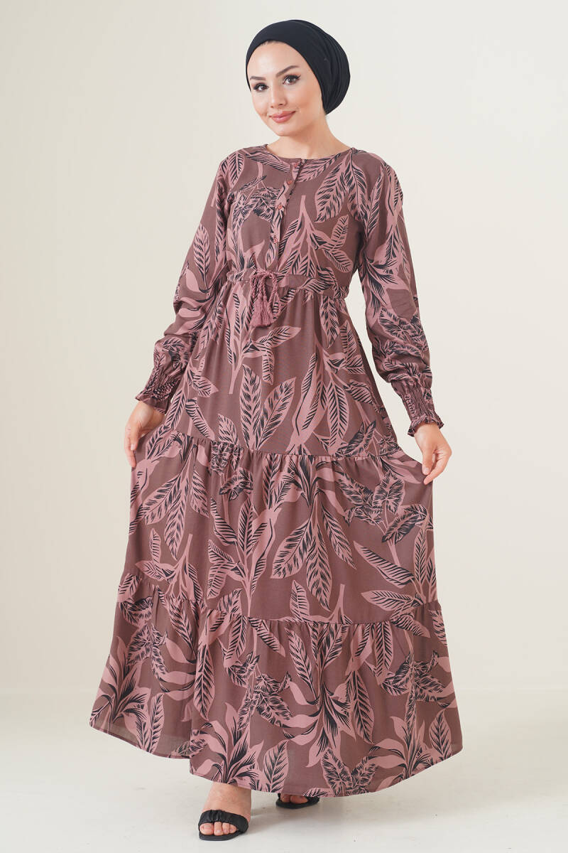 2145 Desenli Tesettür Elbise - Kahverengi - BİGDART