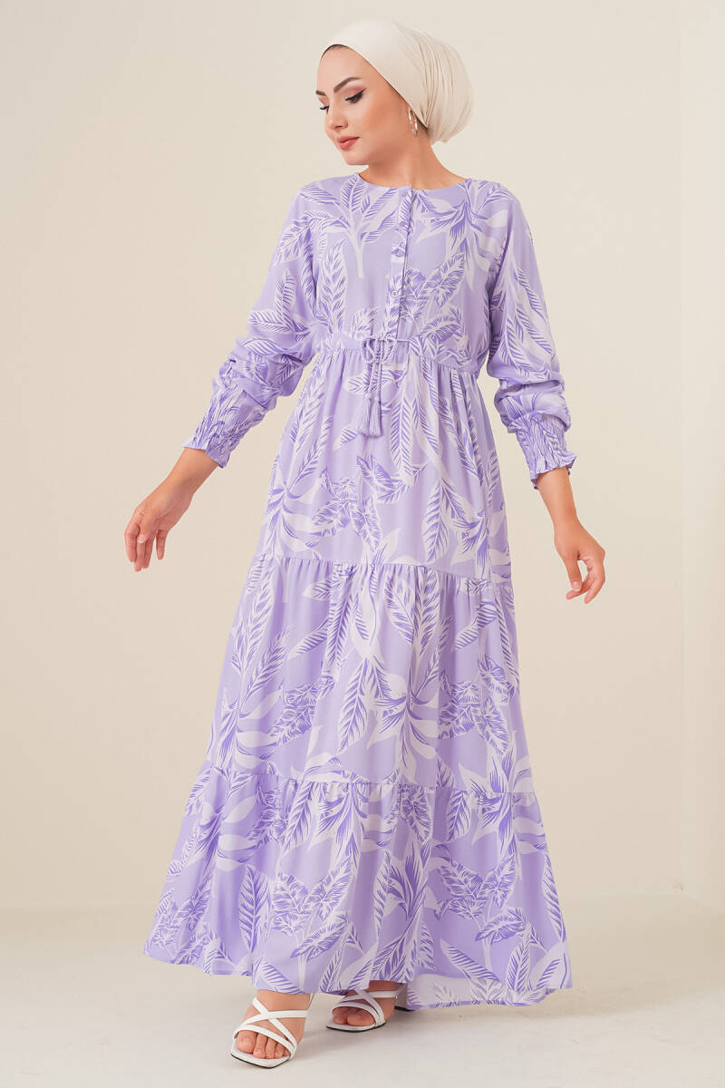 2145 Desenli Tesettür Elbise - Lila - BİGDART