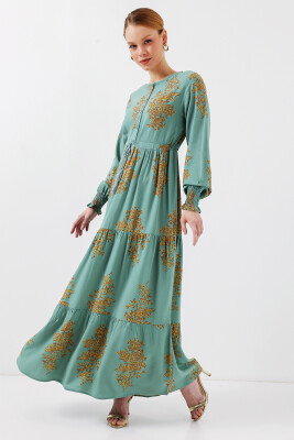 2145 Desenli Tesettür Elbise - Mint 