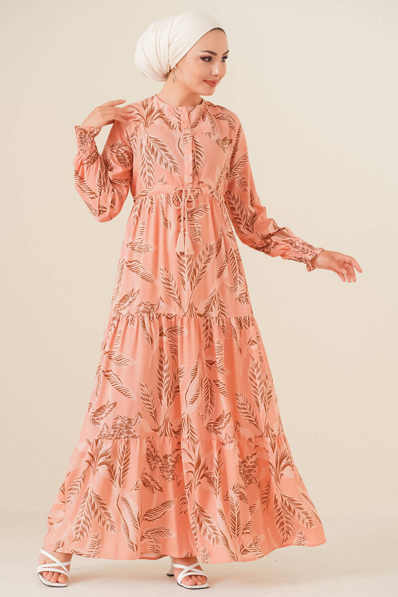 2145 Desenli Tesettür Elbise - Pudra - BİGDART