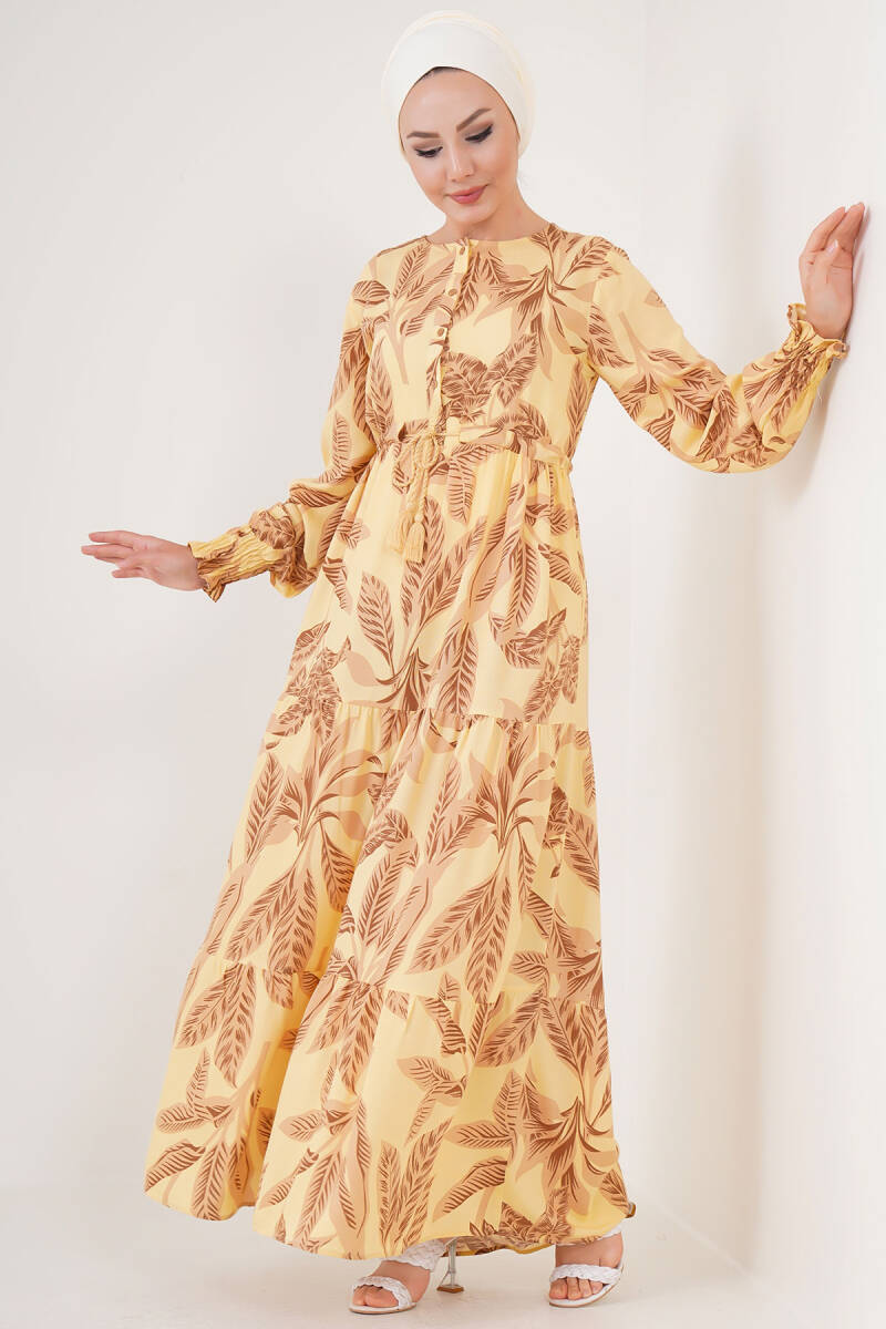 2145 Desenli Tesettür Elbise - Sarı - BİGDART