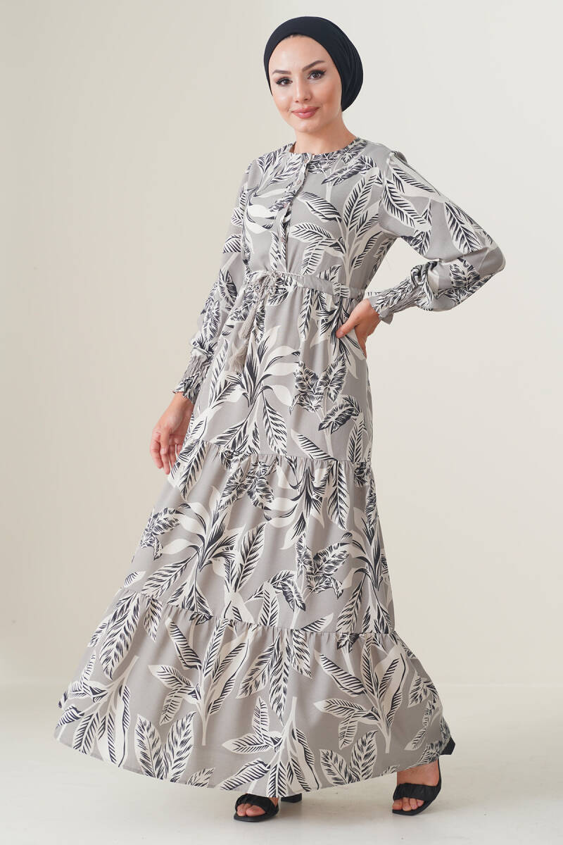 2145 Desenli Tesettür Elbise - Taş - BİGDART