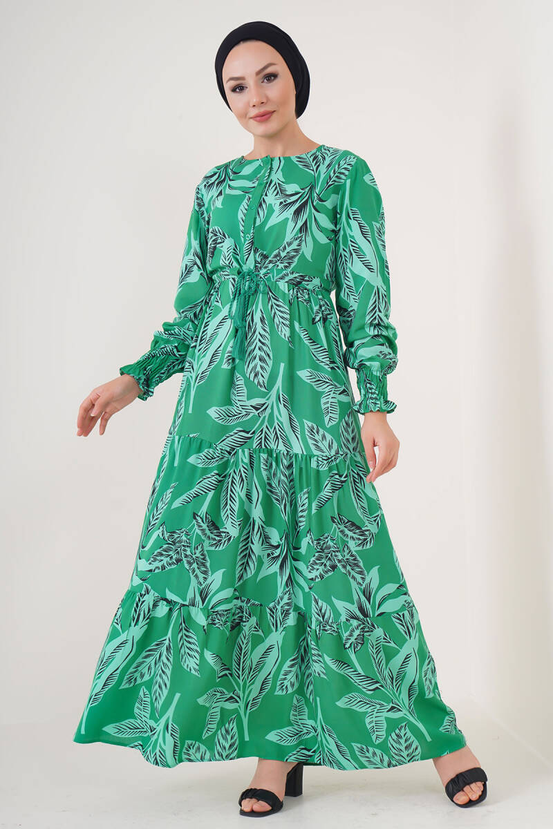 2145 Desenli Tesettür Elbise - Yeşil - BİGDART