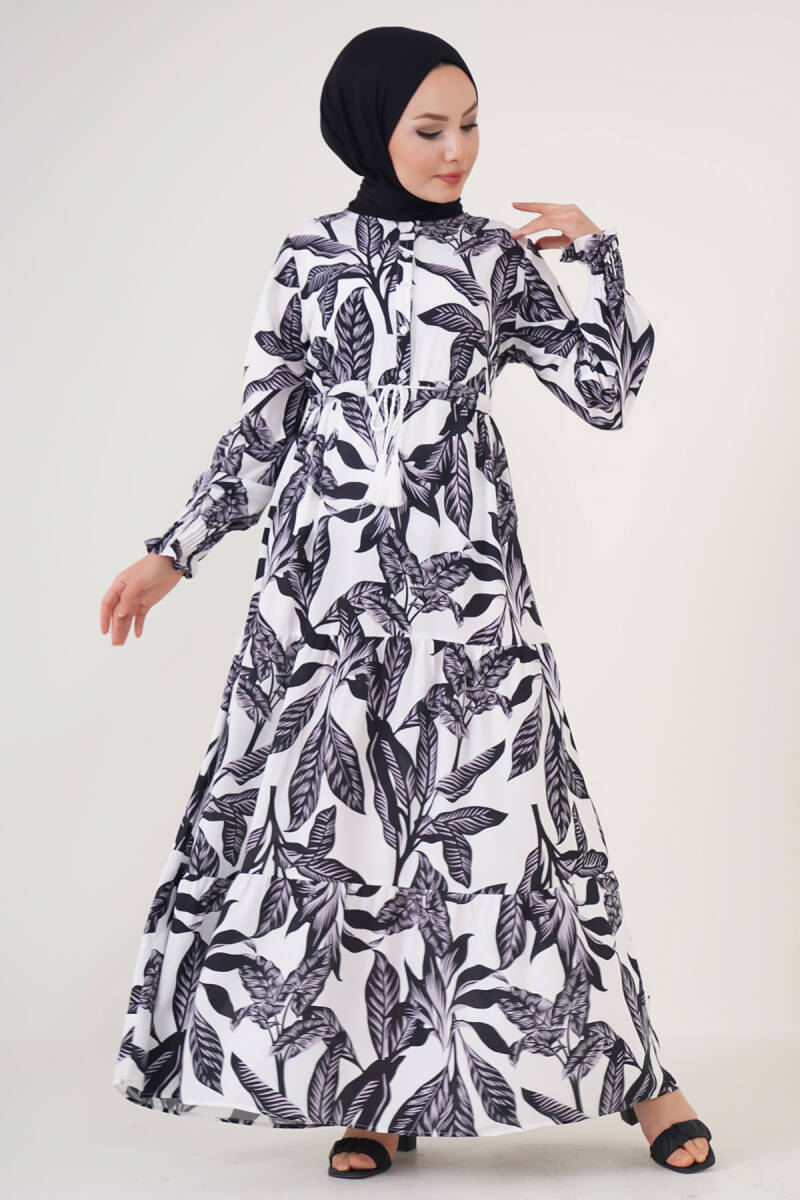 2145 Desenli Tesettür Elbise - Beyaz - BİGDART