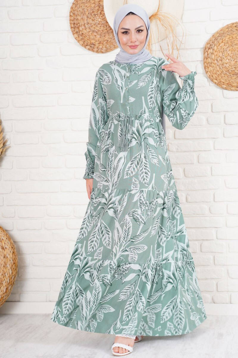 2145 Desenli Tesettür Elbise - Haki - BİGDART