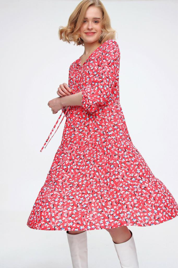 2155 Yaka Bağcıklı Kloş Elbise - Nar - BİGDART