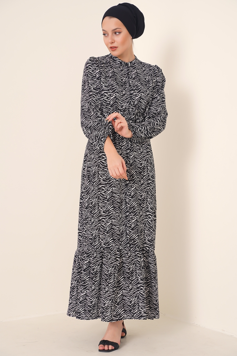 2158 Egzotik Desen Tesettür Elbise - Siyah - BİGDART