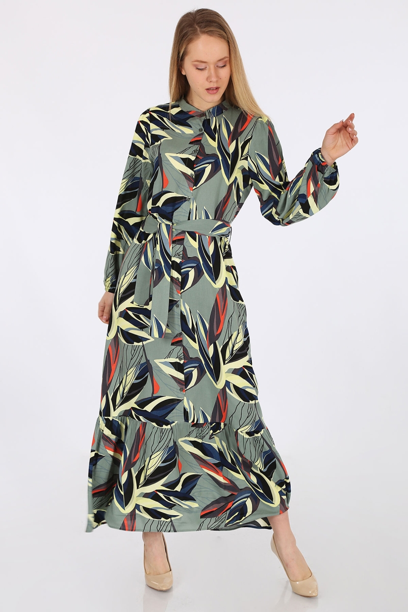 2158 Egzotik Desen Tesettür Elbise - Haki - BİGDART