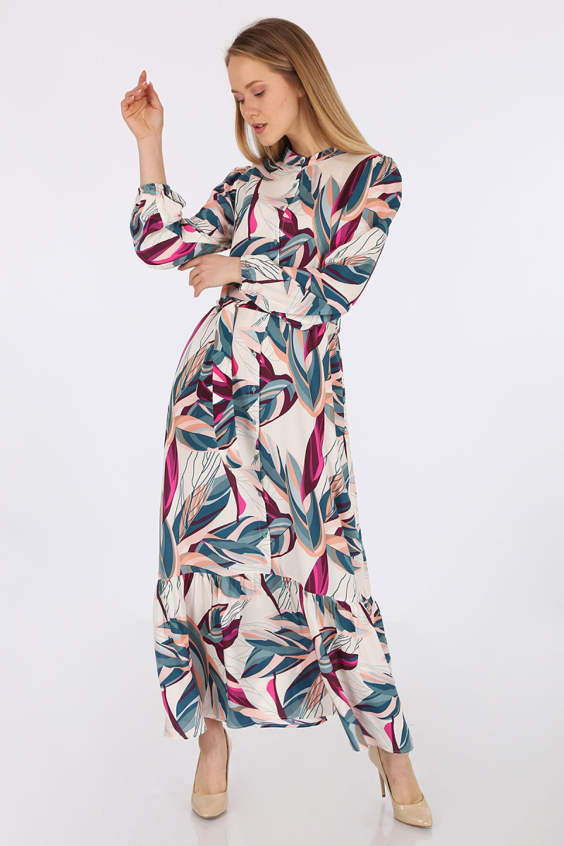 2158 Egzotik Desen Tesettür Elbise - Ekru - BİGDART