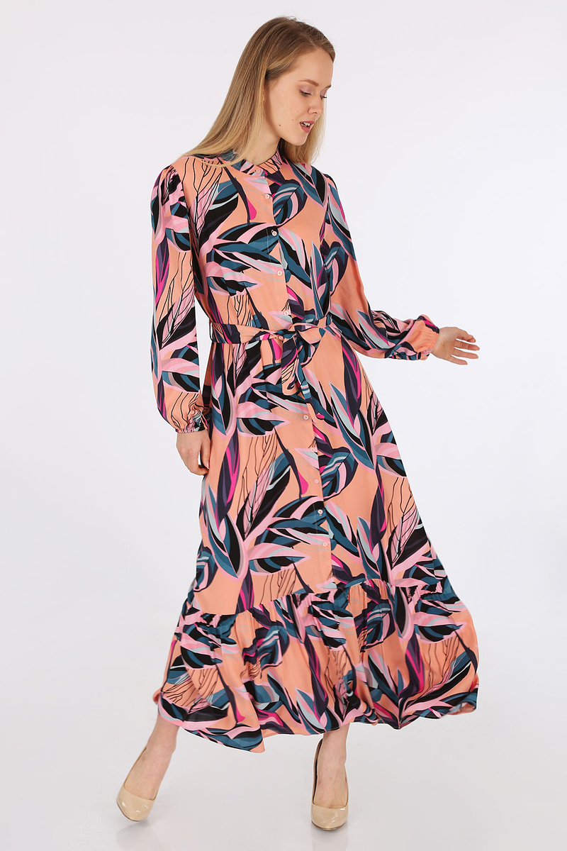 2158 Egzotik Desen Tesettür Elbise - Somon - BİGDART