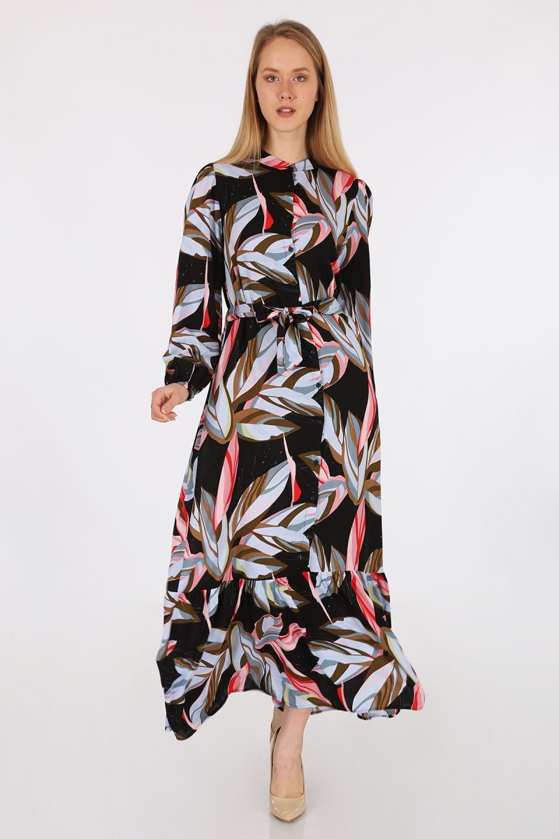 2158 Egzotik Desen Tesettür Elbise - Mavi - BİGDART