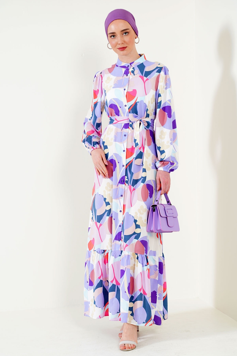 2158 Egzotik Desen Tesettür Elbise - A.Lila - BİGDART