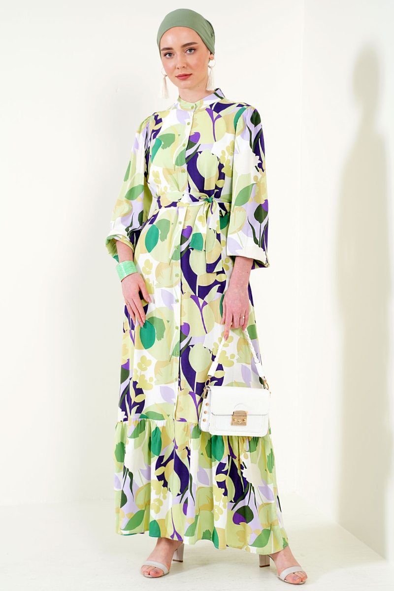 2158 Egzotik Desen Tesettür Elbise - Yeşil - BİGDART