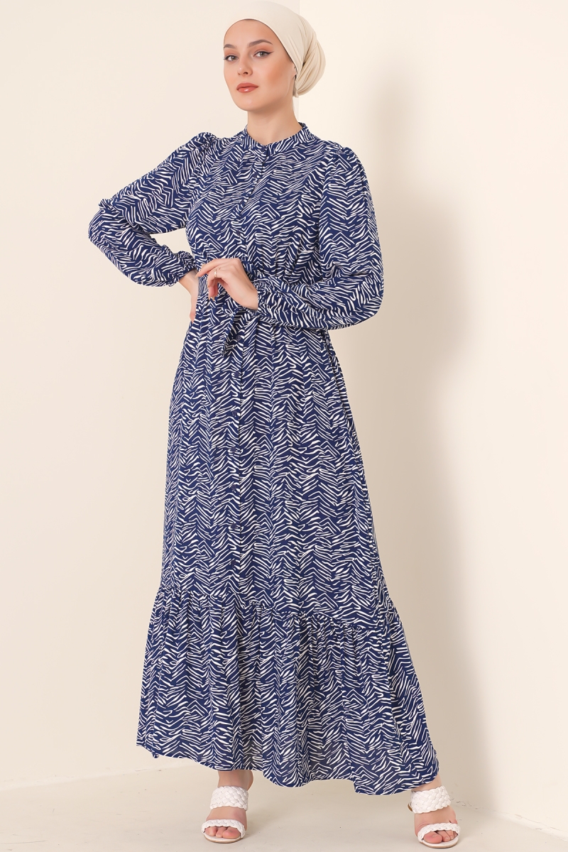 2158 Egzotik Desen Tesettür Elbise - A.Lacivert - BİGDART