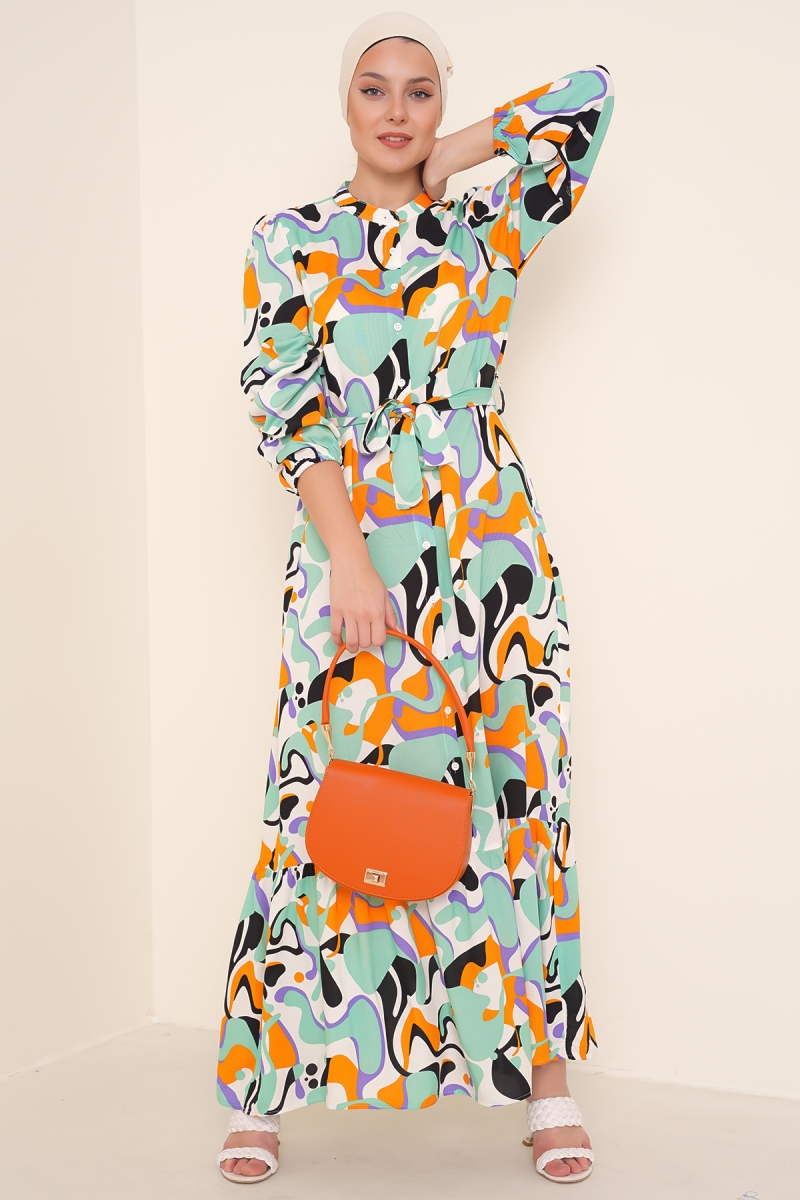 2158 Egzotik Desen Tesettür Elbise - Çağla - BİGDART