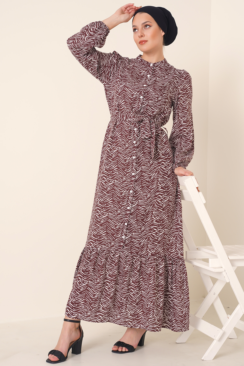 2158 Egzotik Desen Tesettür Elbise - Kahverengi - BİGDART