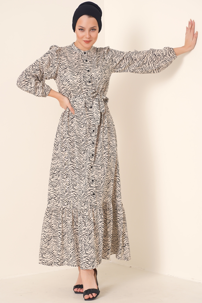 2158 Egzotik Desen Tesettür Elbise - Krem - BİGDART