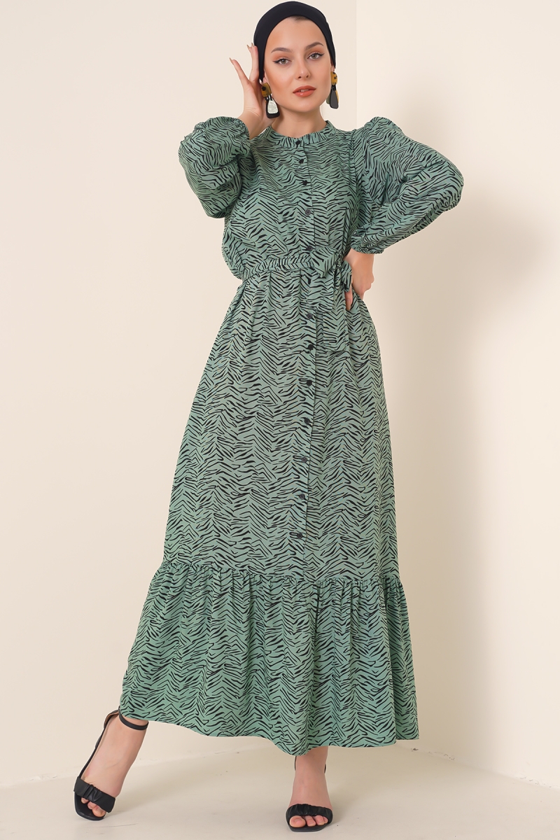 2158 Egzotik Desen Tesettür Elbise - Mint - BİGDART