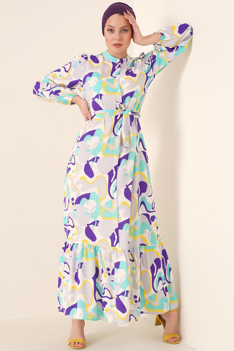 2158 Egzotik Desen Tesettür Elbise - Mint - BİGDART