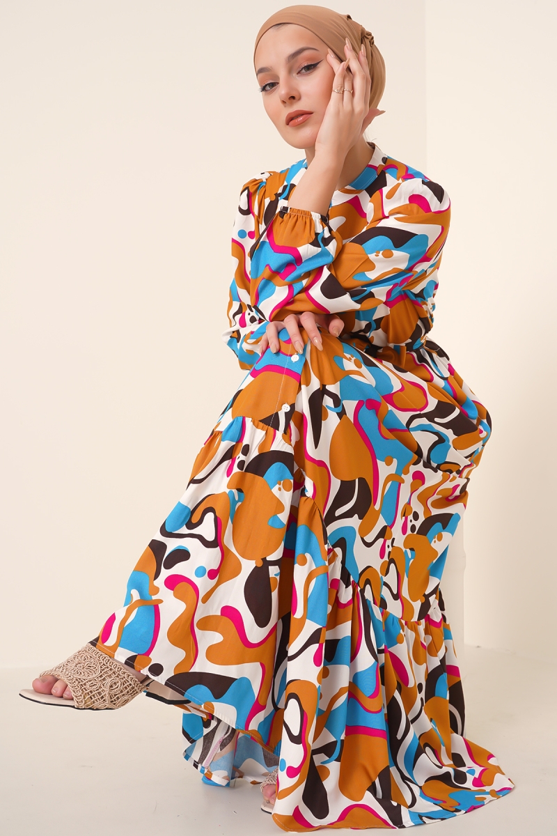 2158 Egzotik Desen Tesettür Elbise - Taba - BİGDART