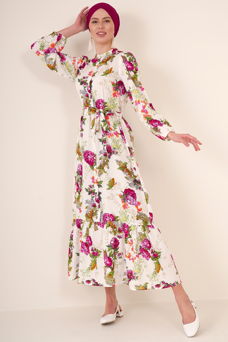 2158 Egzotik Desen Tesettür Elbise - Beyaz - BİGDART