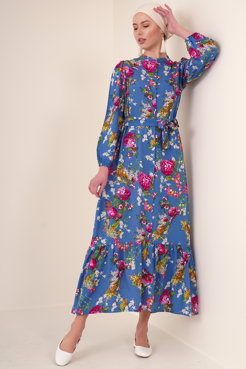 2158 Egzotik Desen Tesettür Elbise - İndigo - BİGDART