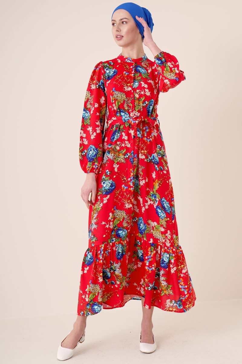 2158 Egzotik Desen Tesettür Elbise - Kırmızı - BİGDART