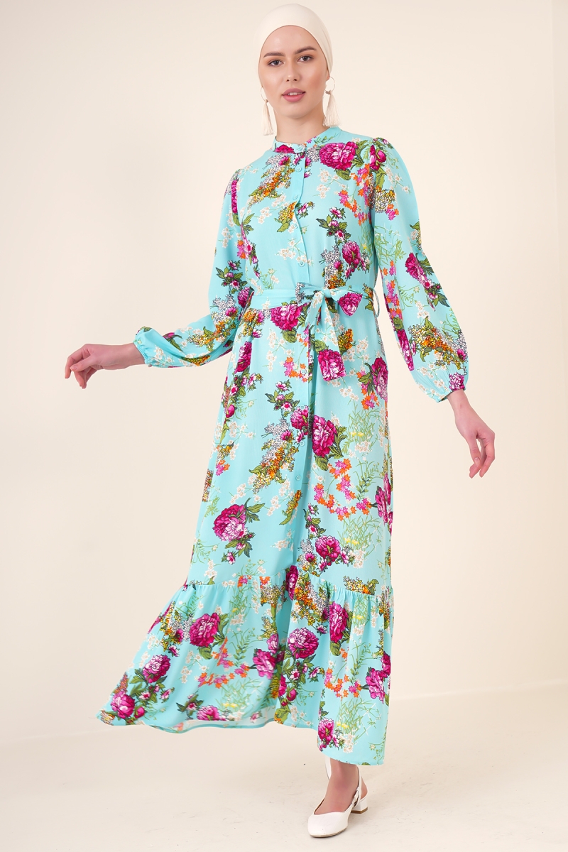 2158 Egzotik Desen Tesettür Elbise - Turkuaz - BİGDART
