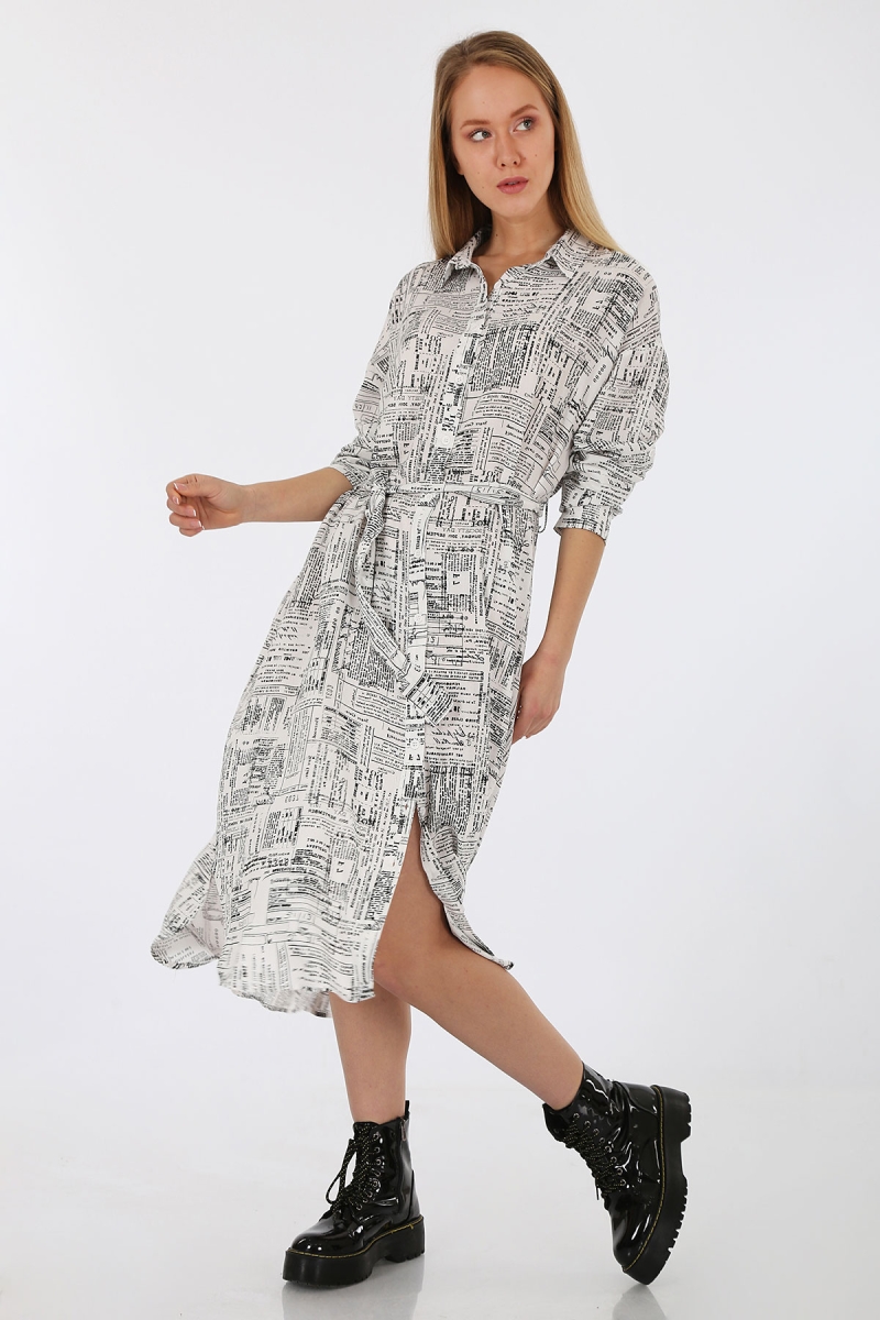 2164 Gazete Baskılı Oversize Elbise - Beyaz - BİGDART