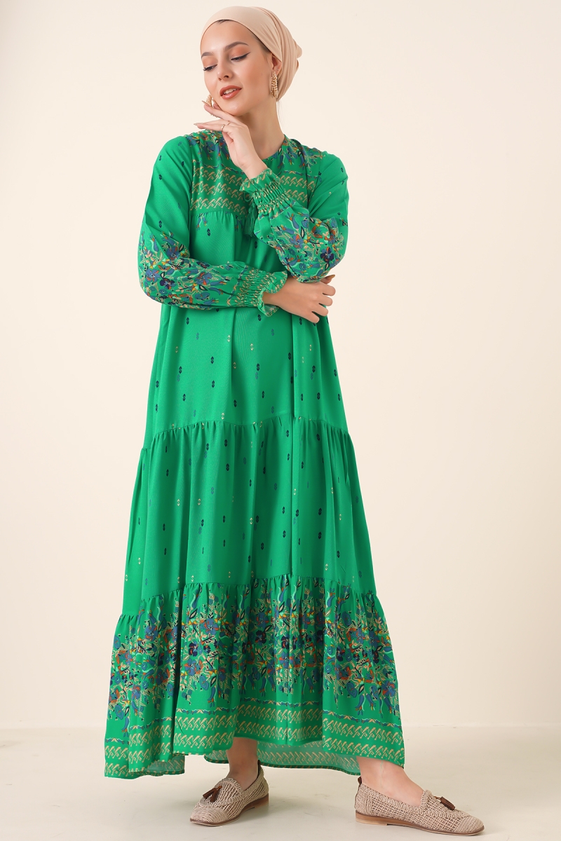 2175 Desenli Tesettür Elbise - G.Yeşil - BİGDART