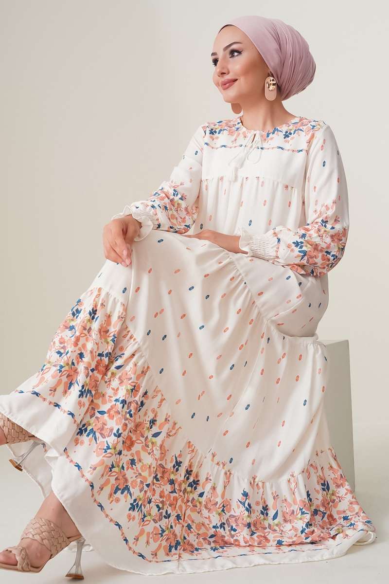 2175 Desenli Tesettür Elbise - Ekru - BİGDART