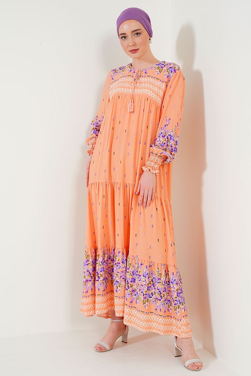 2175 Desenli Tesettür Elbise - Somon - BİGDART