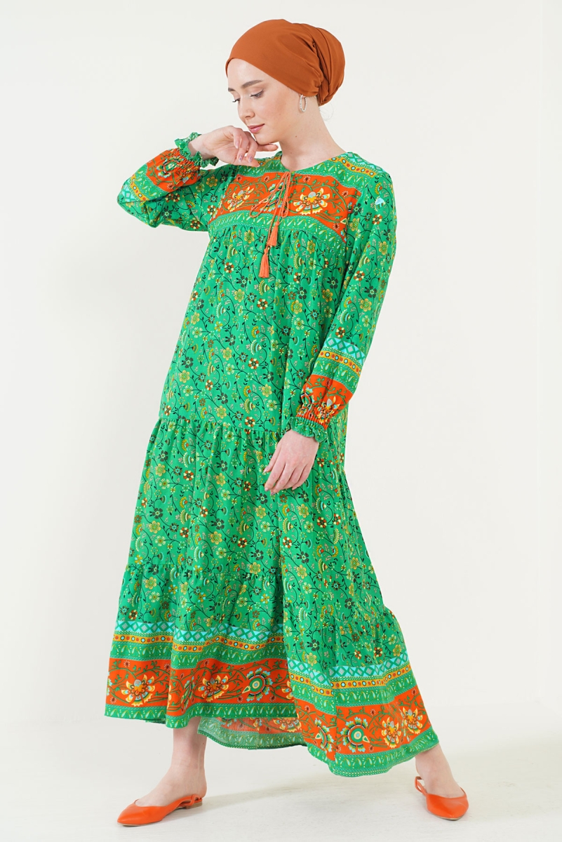 2175 Desenli Tesettür Elbise - Yeşil - BİGDART