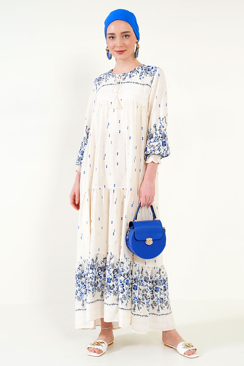 2175 Desenli Tesettür Elbise - Saks - BİGDART