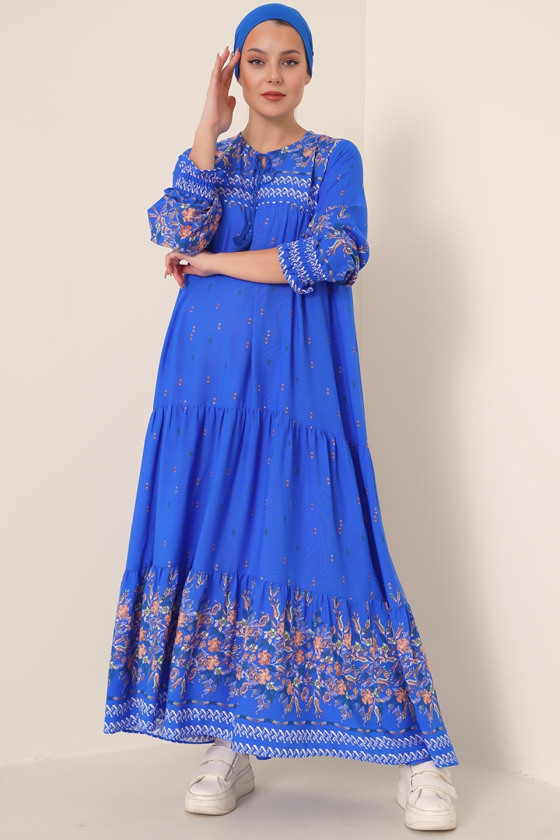 2175 Desenli Tesettür Elbise - Saks - BİGDART