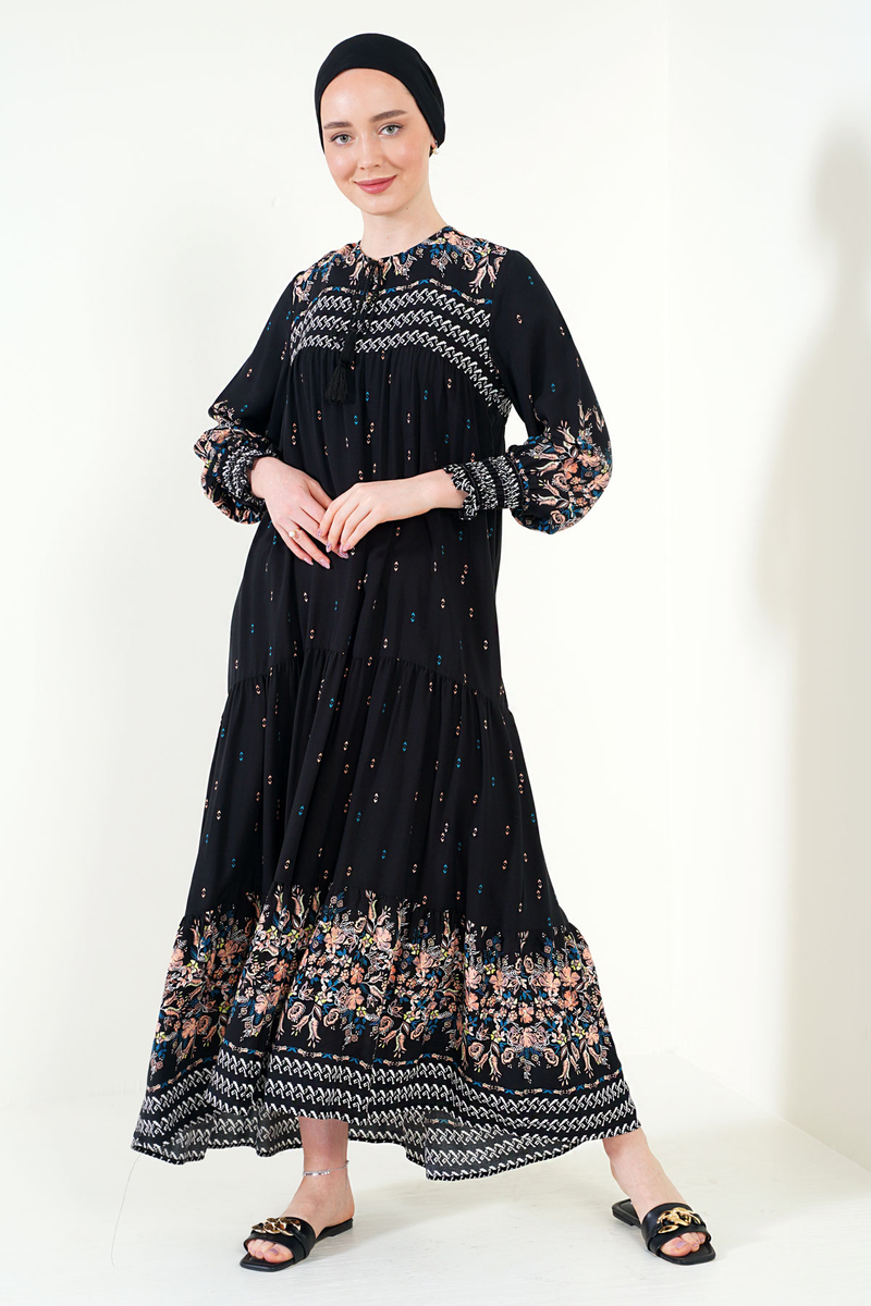 2175 Desenli Tesettür Elbise - Siyah - BİGDART