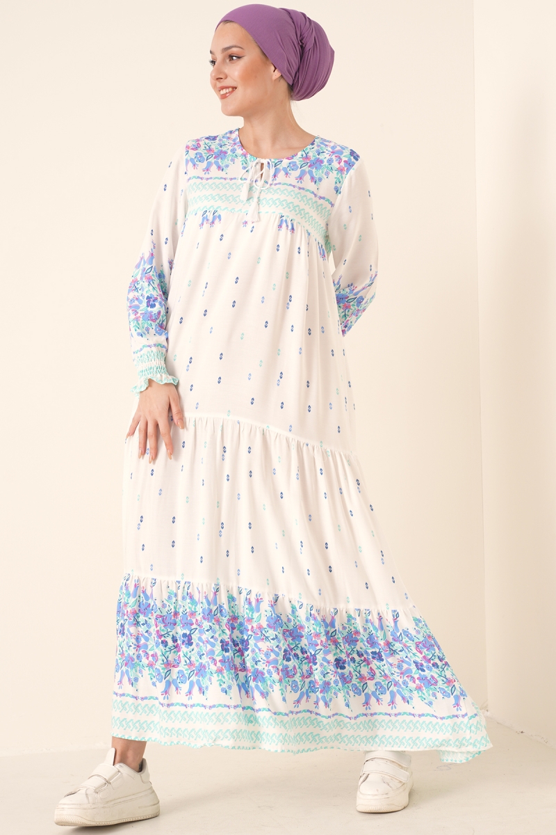 2175 Desenli Tesettür Elbise - Mint - BİGDART