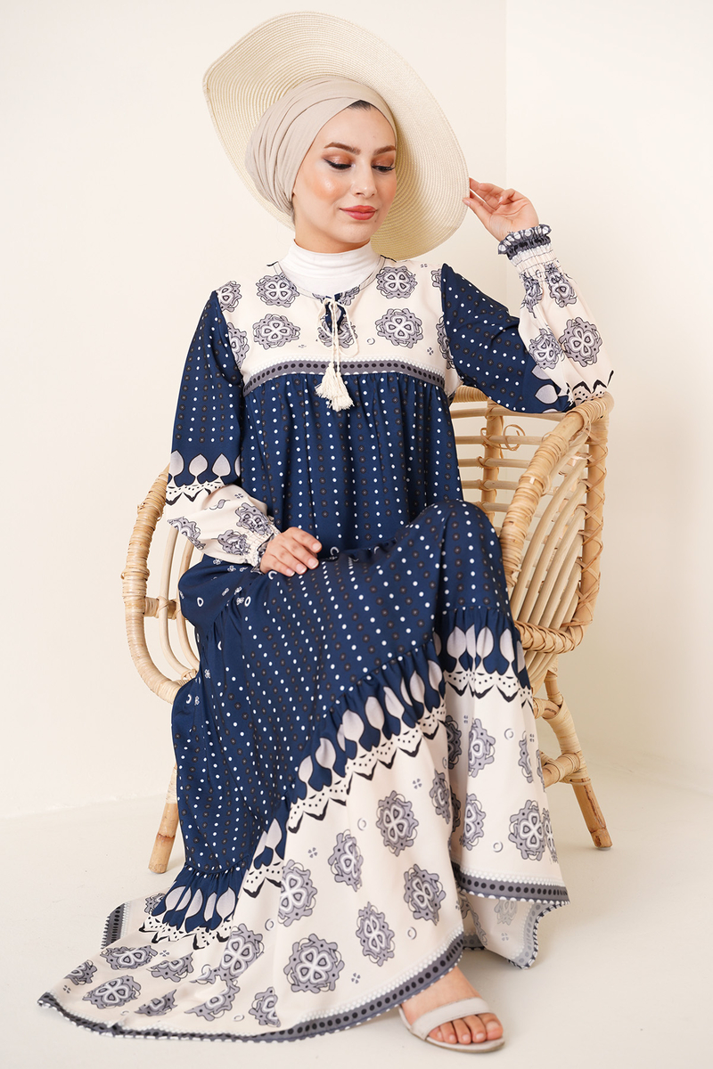 2175 Desenli Boydan Tesettür Elbise - A.Lacivert - BİGDART