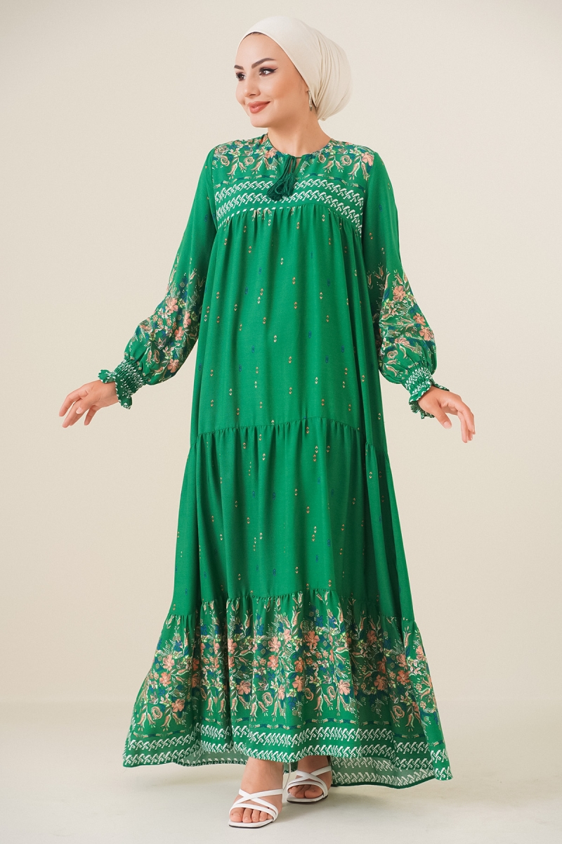 2175 Desenli Tesettür Elbise - E.Yeşil - BİGDART
