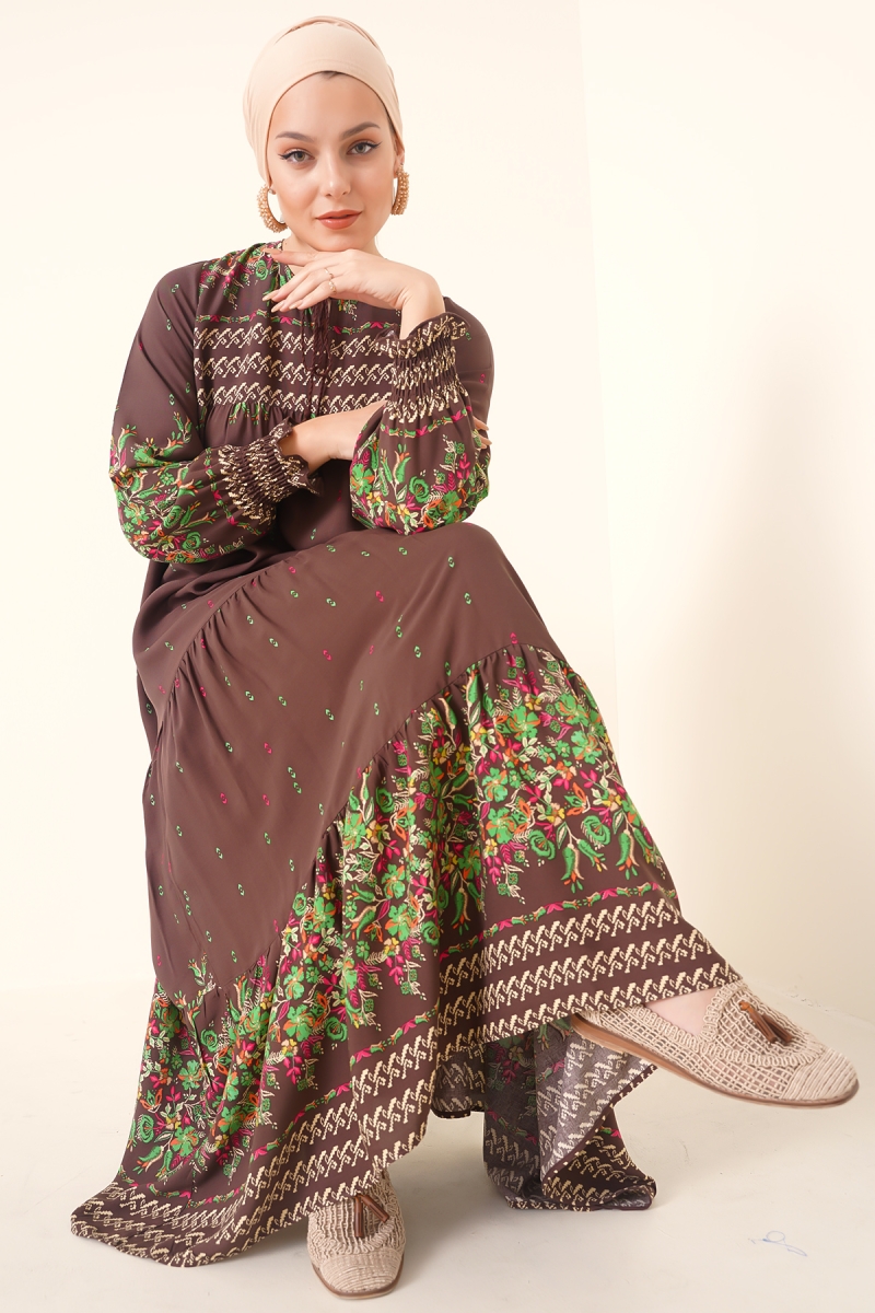 2175 Desenli Tesettür Elbise - Kahverengi - BİGDART