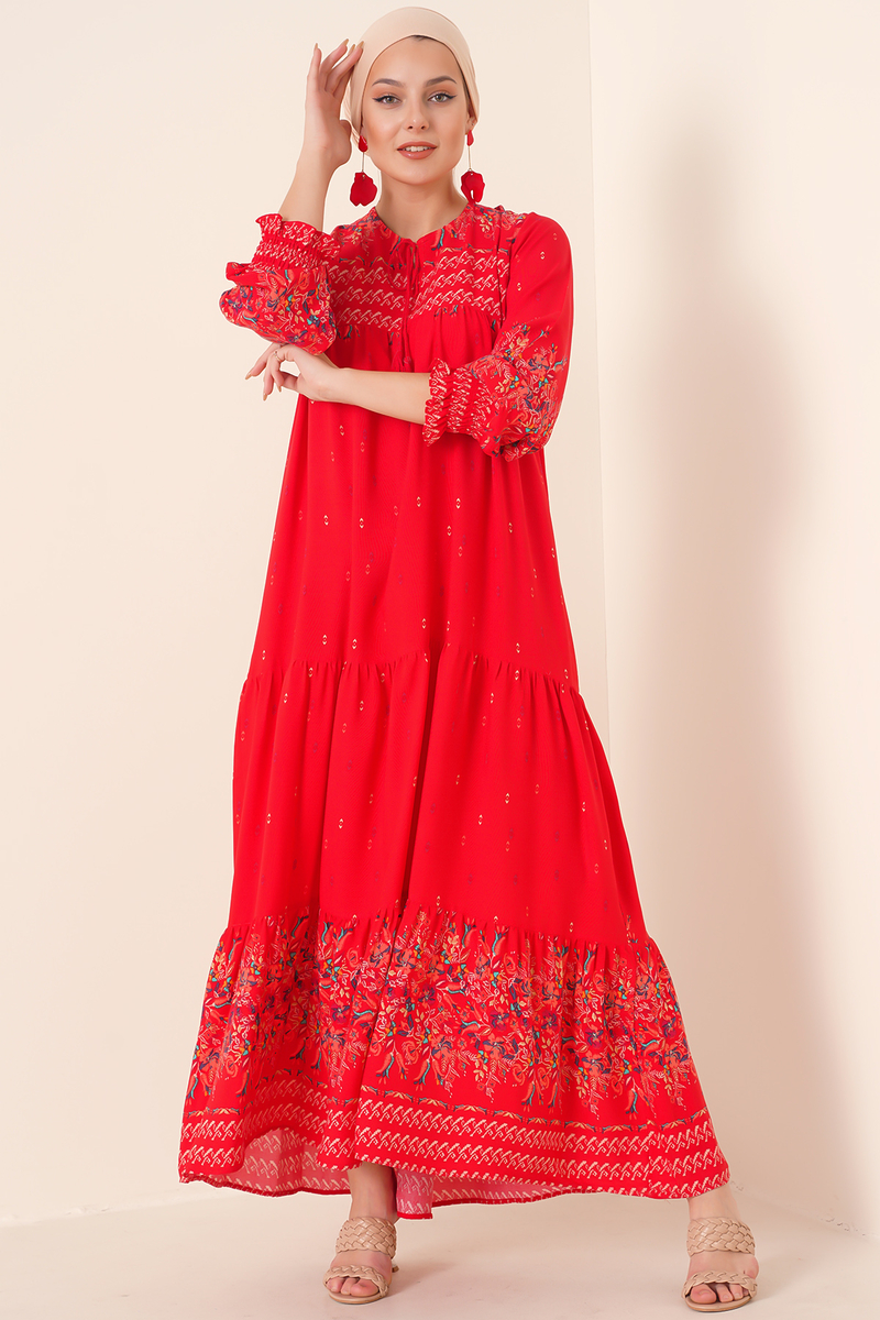 2175 Desenli Tesettür Elbise - Kırmızı - BİGDART