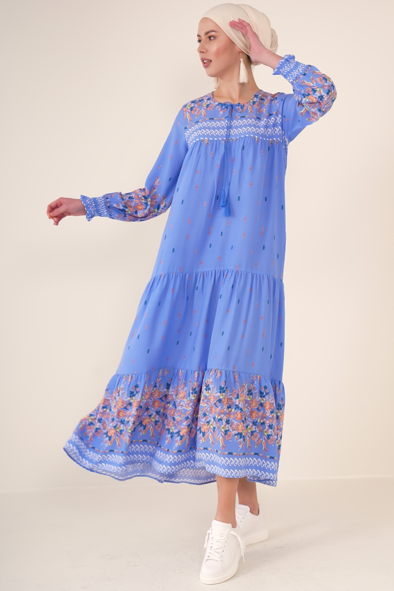 2175 Desenli Tesettür Elbise - Mavi - BİGDART