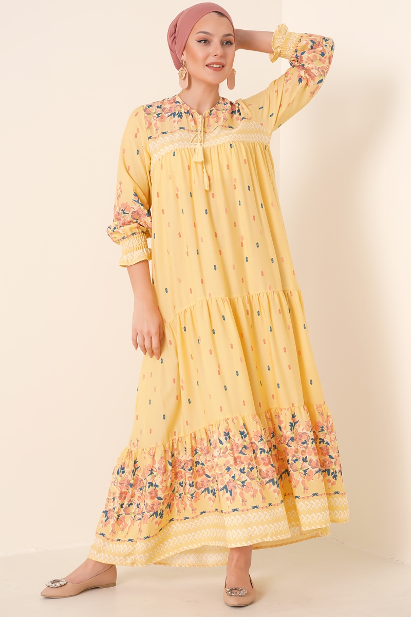2175 Desenli Tesettür Elbise - Sarı - BİGDART