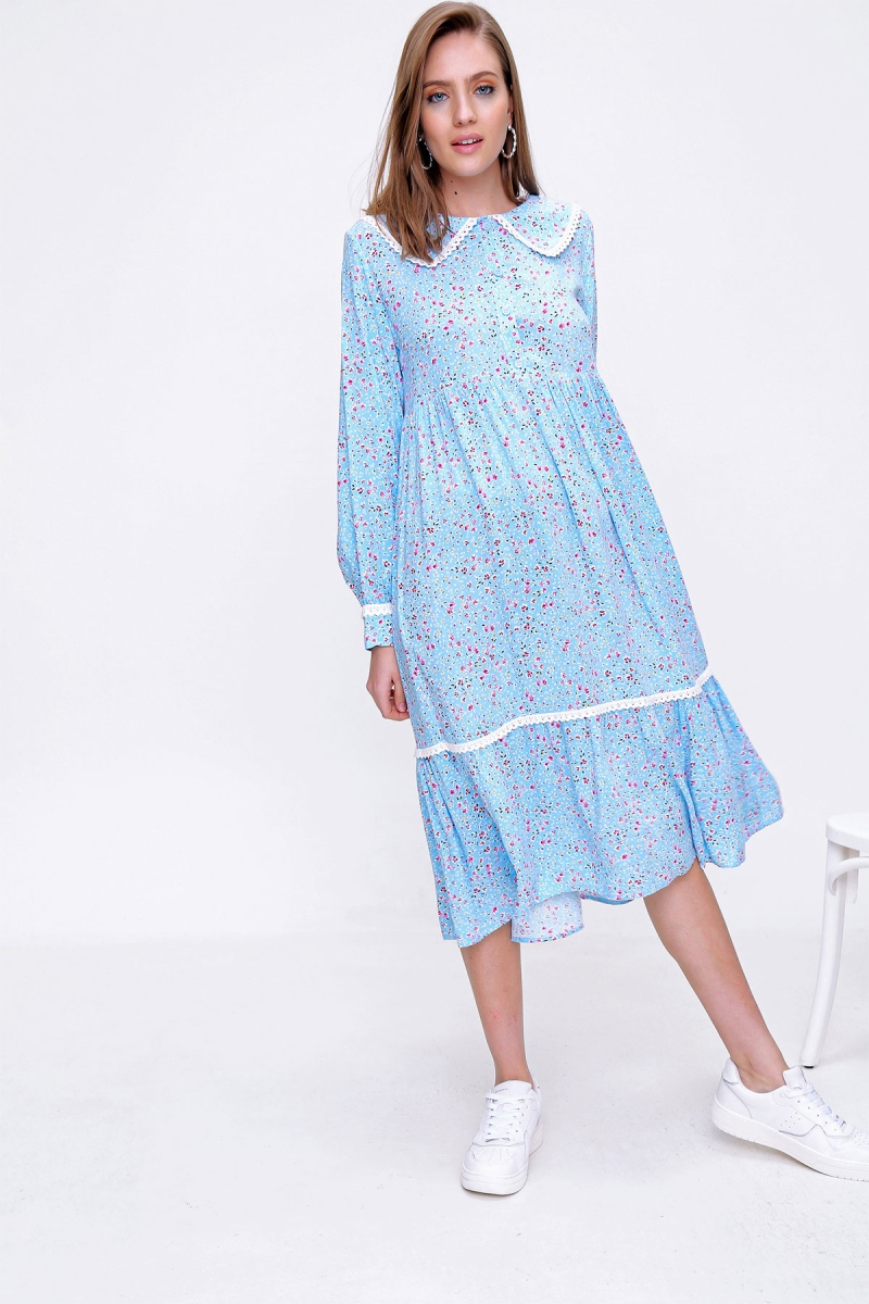 2181 Bebe Yaka Dantel Detay Elbise - Mavi - BİGDART