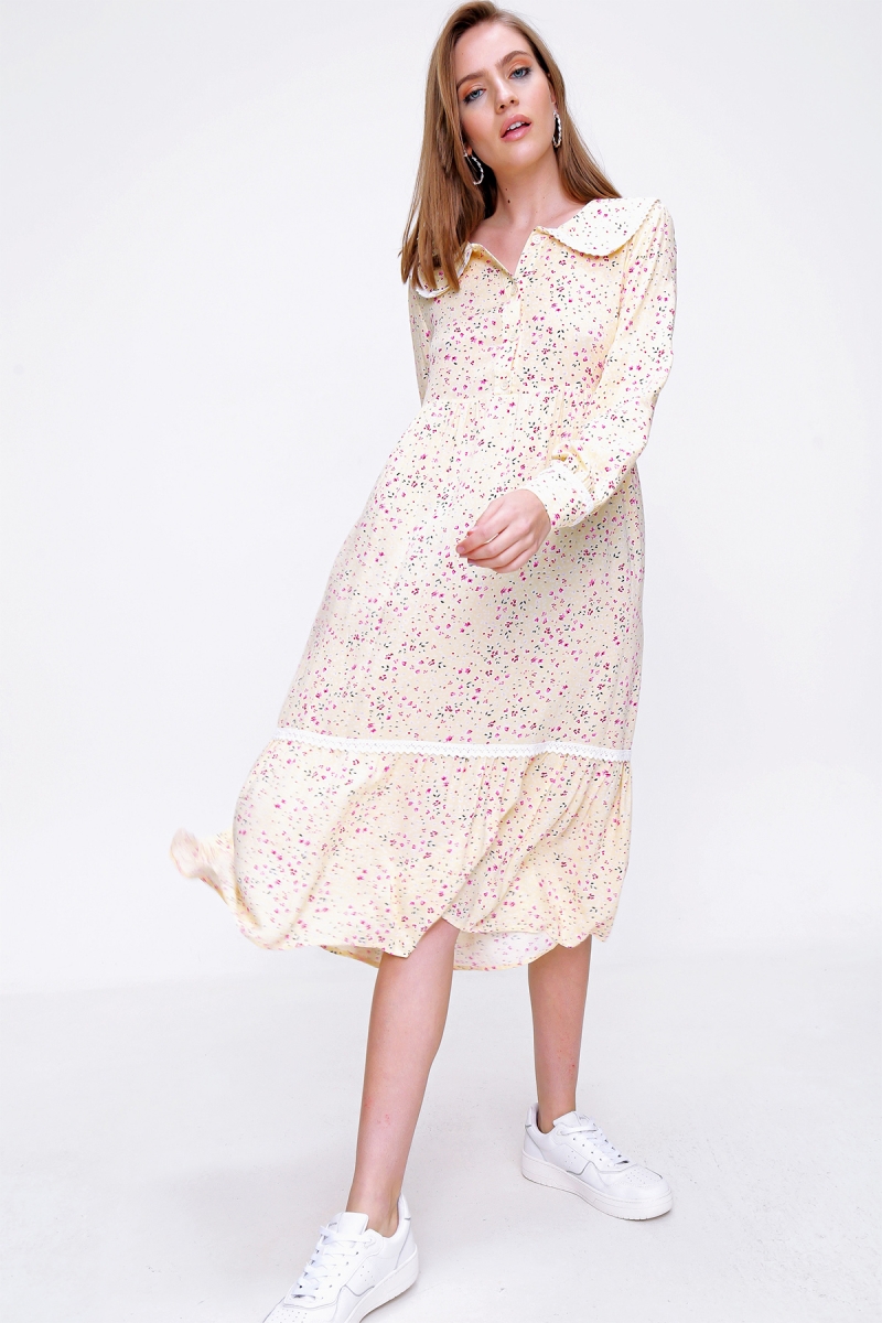 2181 Bebe Yaka Dantel Detay Elbise - Sarı - BİGDART