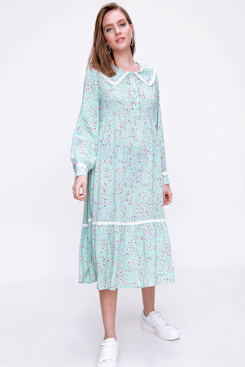 2181 Bebe Yaka Dantel Detay Elbise - Su Yeşili - BİGDART