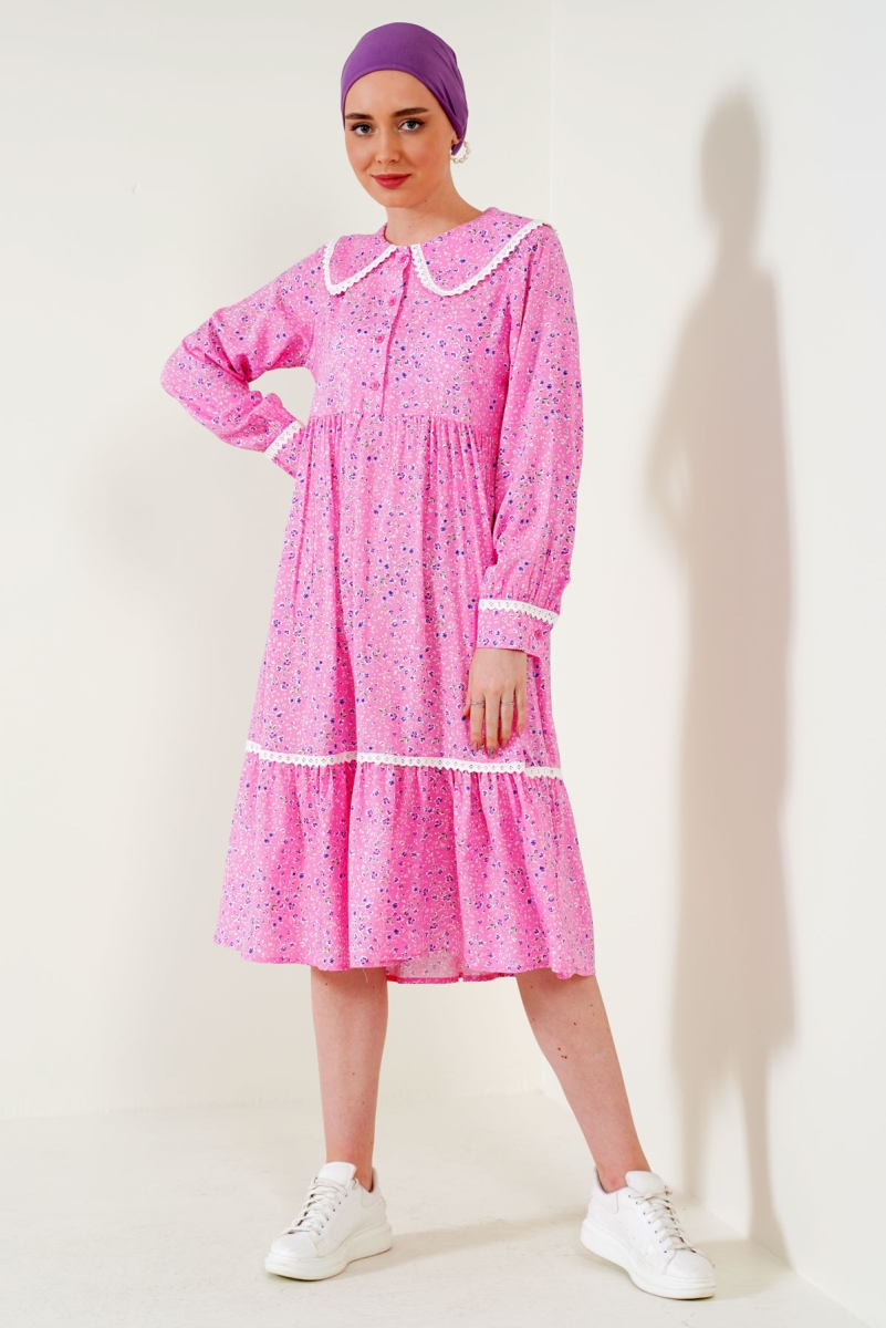2181 Bebe Yaka Dantel Detay Elbise - Pembe - BİGDART
