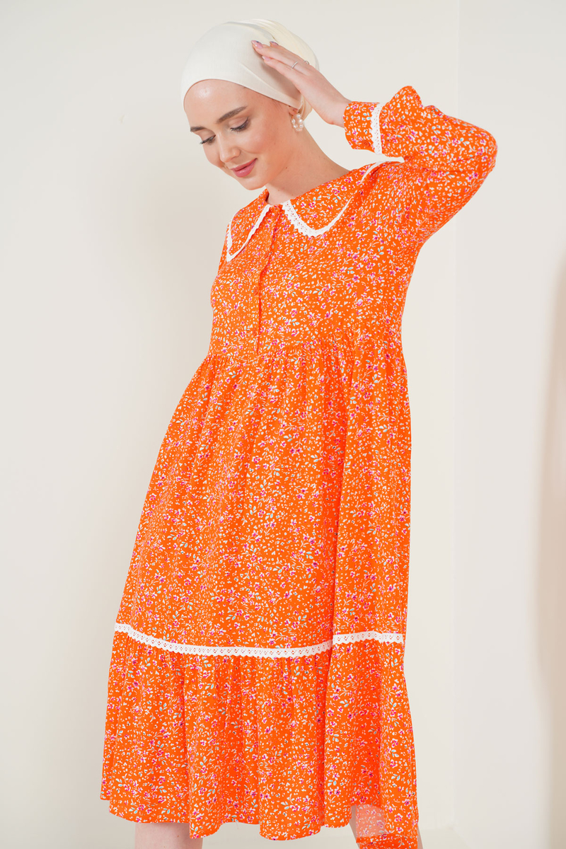 2181 Bebe Yaka Dantel Detay Elbise - Turuncu - BİGDART