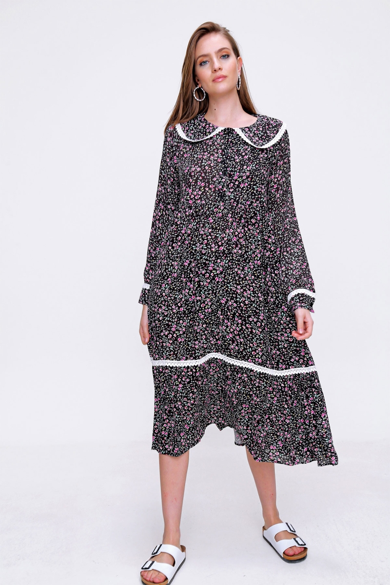 2181 Bebe Yaka Dantel Detay Elbise - Siyah - BİGDART