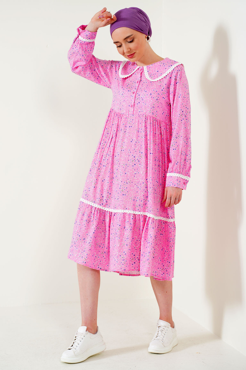 2185 Dantelli Bebe Yaka Tesettür Elbise - Pembe - BİGDART